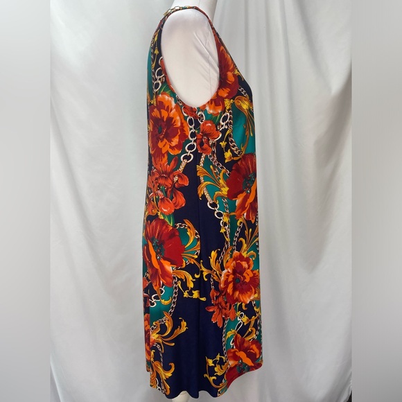 MSK Navy orange red Teal chain and floral print sleeveless dress women’s size M - Picture 7 of 16